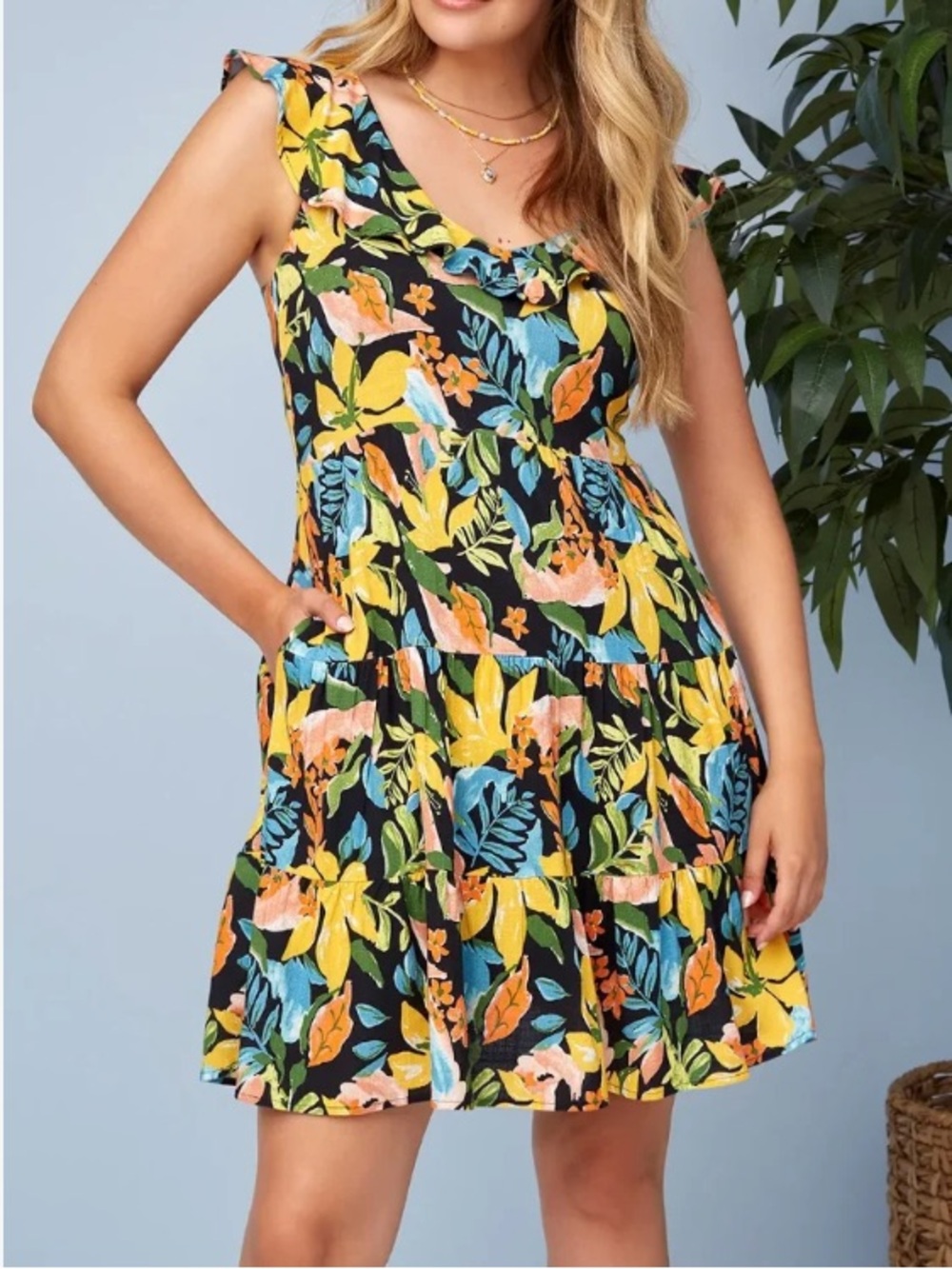 Floral Tie-Front Black Sundress with Multicolor Print